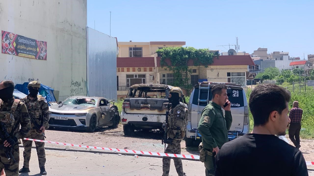 موقع حادث انفجار السيارة في السليمانية.المصدر:قناة الثامنة