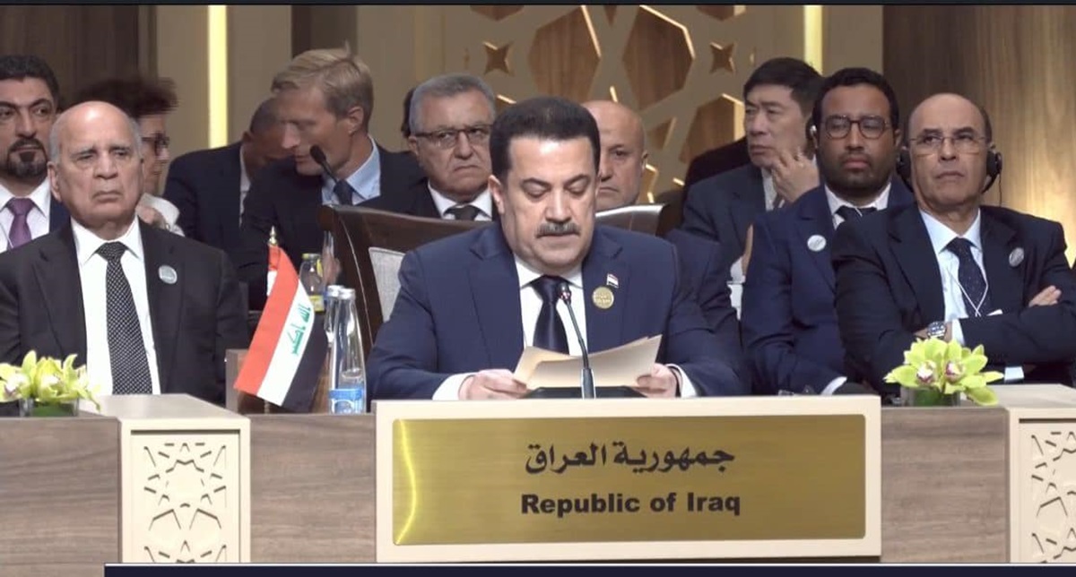 رئيس الوزراء محمد شياع السوداني يلقي كلمة العراق خلال مؤتمر الإستجابة الإنسانية الطارئة في غزة المقامة في الأردن