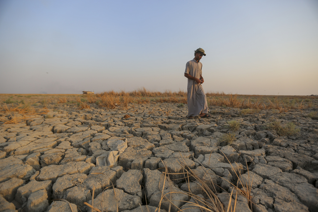  A fisherman walks across a dry patch of land in the marshes in Dhi Qar province, Iraq, Sept. 2, 2022. Photo: AP