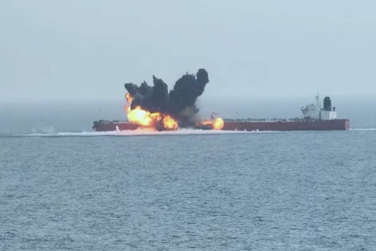 A handout picture obtained from Yemen's Huthi Ansarullah Media Center shows what they say is their targeting of CHIOS LION, a Liberia-flagged crude oil tanker, by unmanned surface vessels in the Red Sea on July 15, 2024. Photo: AFP