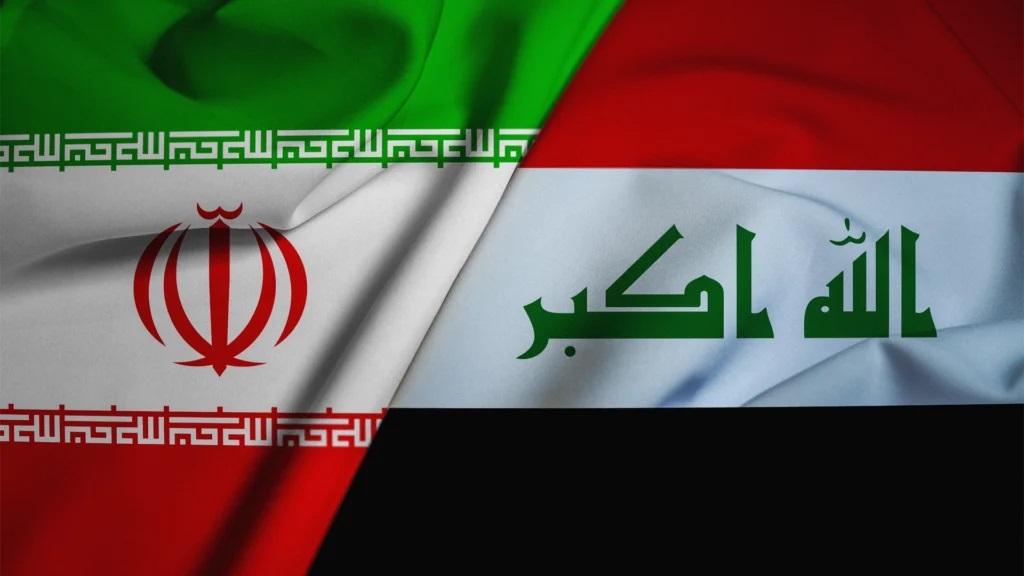 The flags of Iran and Iraq.