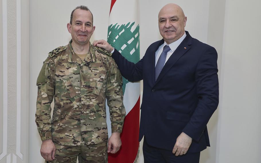 Lebanese president Joseph Aoun, right, poses for a picture with the newly appointed Lebanese army chief Gen. Rudolph Haikal, at the presidential place in Baabda, east of Beirut, Lebanon, Thursday, March 13, 2025. AP