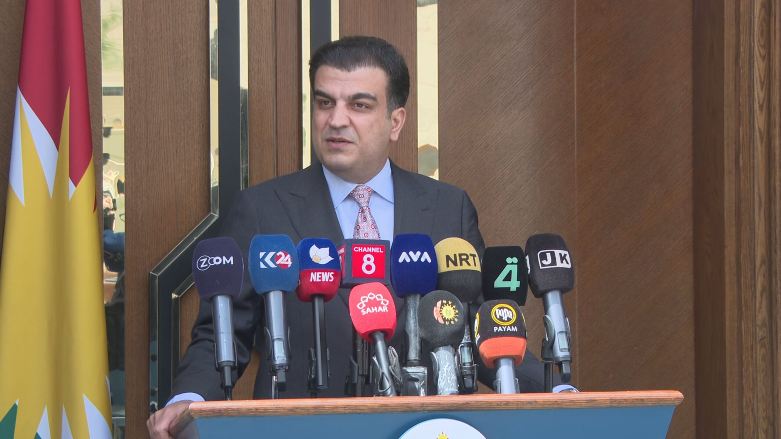 Peshawa Hawramani, spokesman for the Kurdistan Regional Government (KRG), during a press conference on May 14, 2025. Photo: Channel8