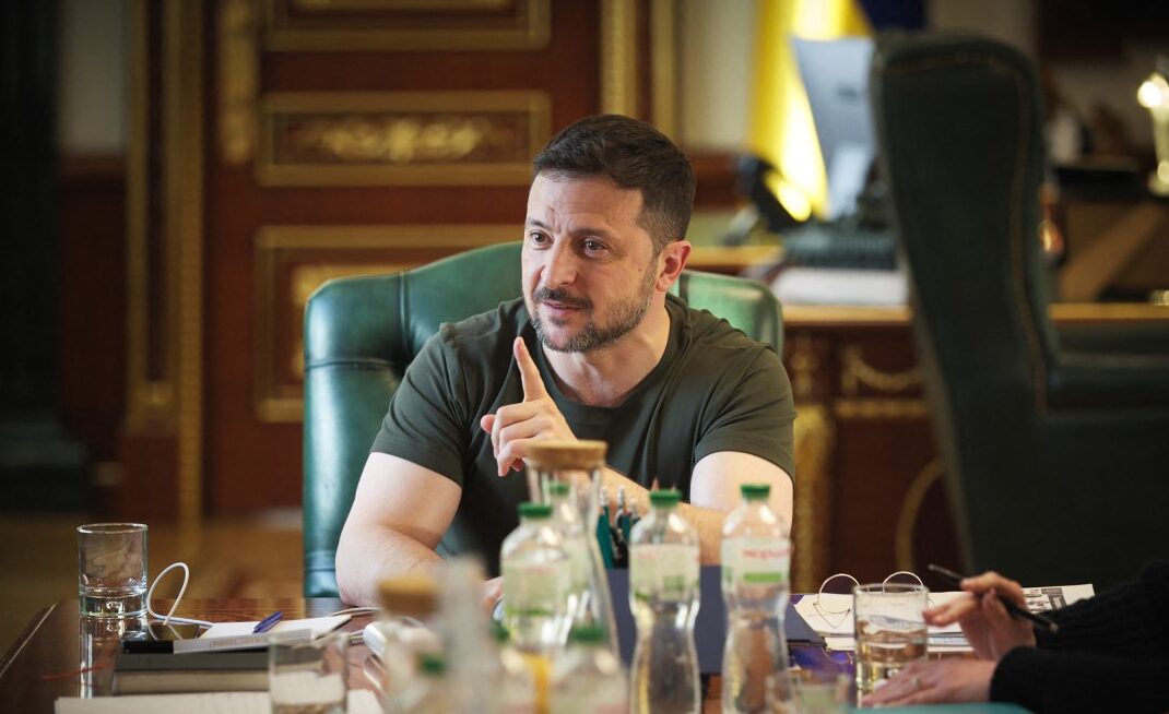 Ukrainian President Zelensky speaks with journalists during a press conference in Kyiv, as seen in a handout photograph released on May 3, 2025. Photo: Ukraine Presidency / AFP