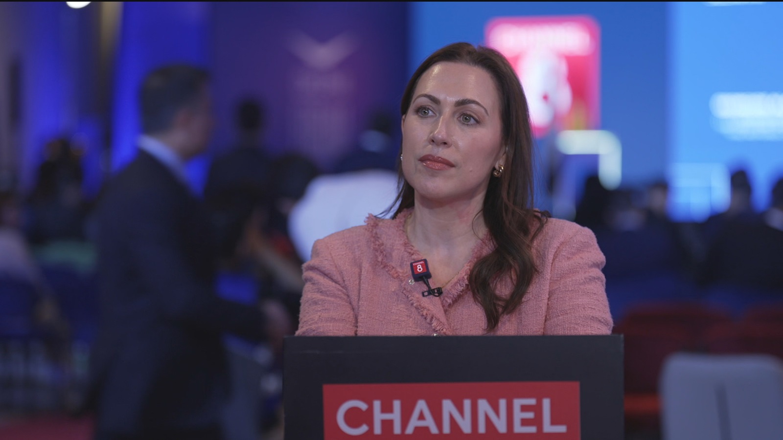 SEED Foundation President Sherri Kraham Talabany in an interview with Channel8 at the Delphi Forum Slemani. Photo: Channel8