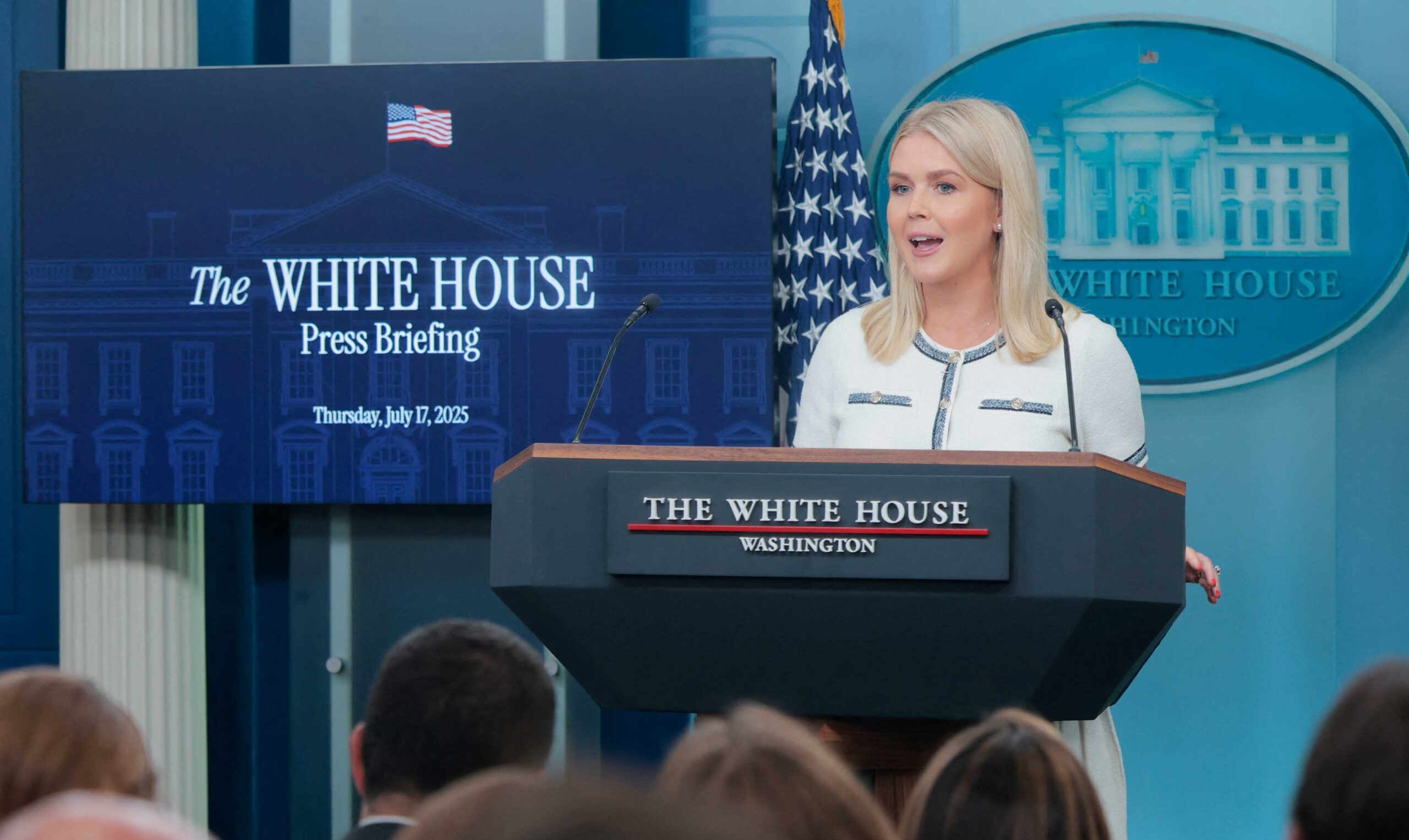 White House Press Secretary Karoline Leavitt spoke at a briefing in the White House’s Brady Room on July 17, 2025. Photo:  Anna Moneymaker / Getty Images via AFP

