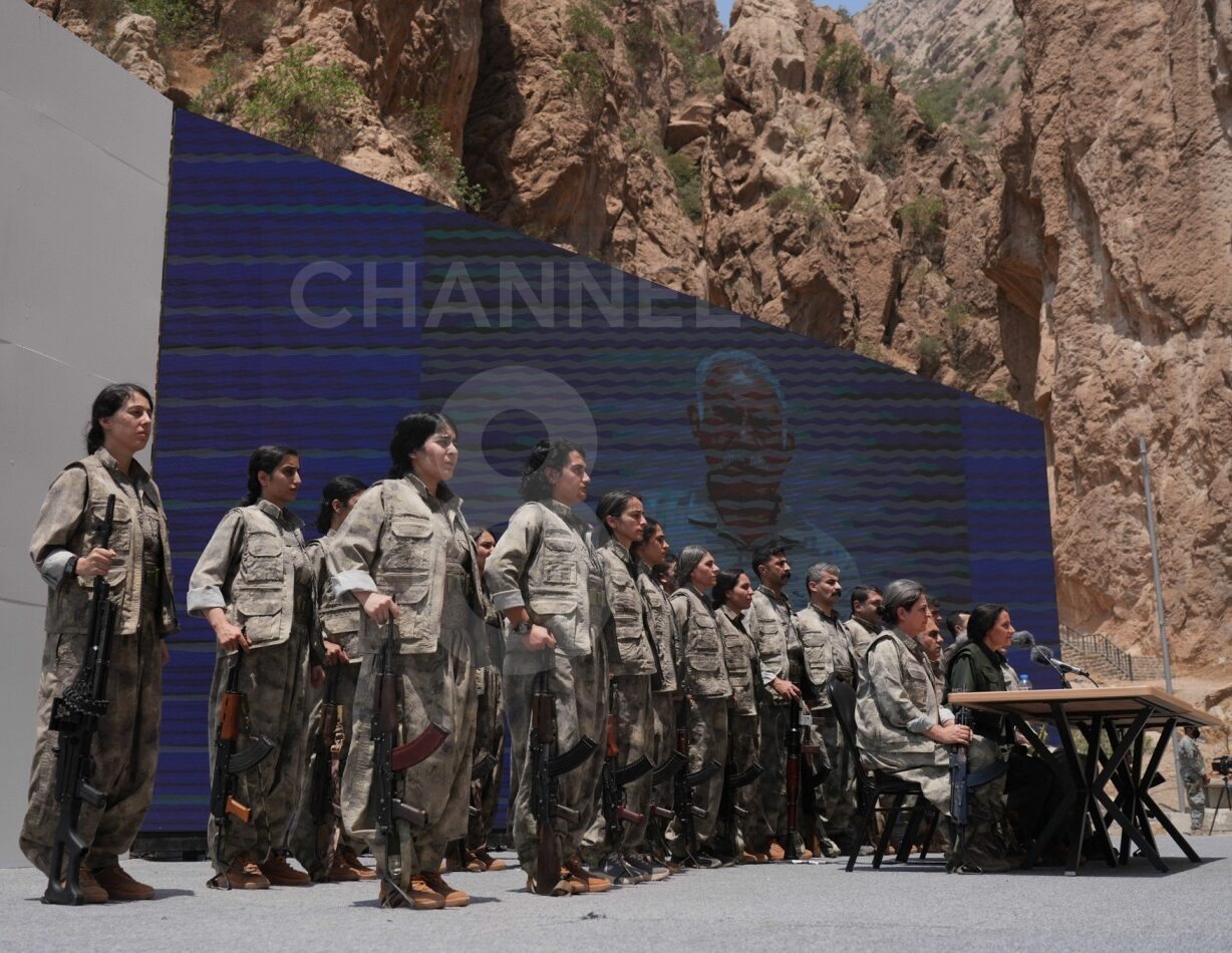 Thirty PKK members, including party leaders, laid down and burned their weapons during a ceremony at Jasana Cave near Sulaymaniyah on July 11, 2025. Photo: Hama Sur / Channel8

