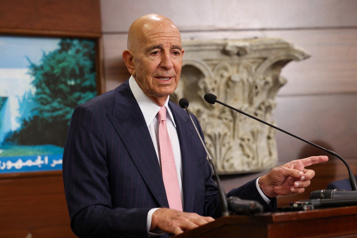 US Ambassador to Turkey and Syria Envoy Tom Barrack speaks at a press conference after meeting Lebanon’s president in Baabda on August 18, 2025. 