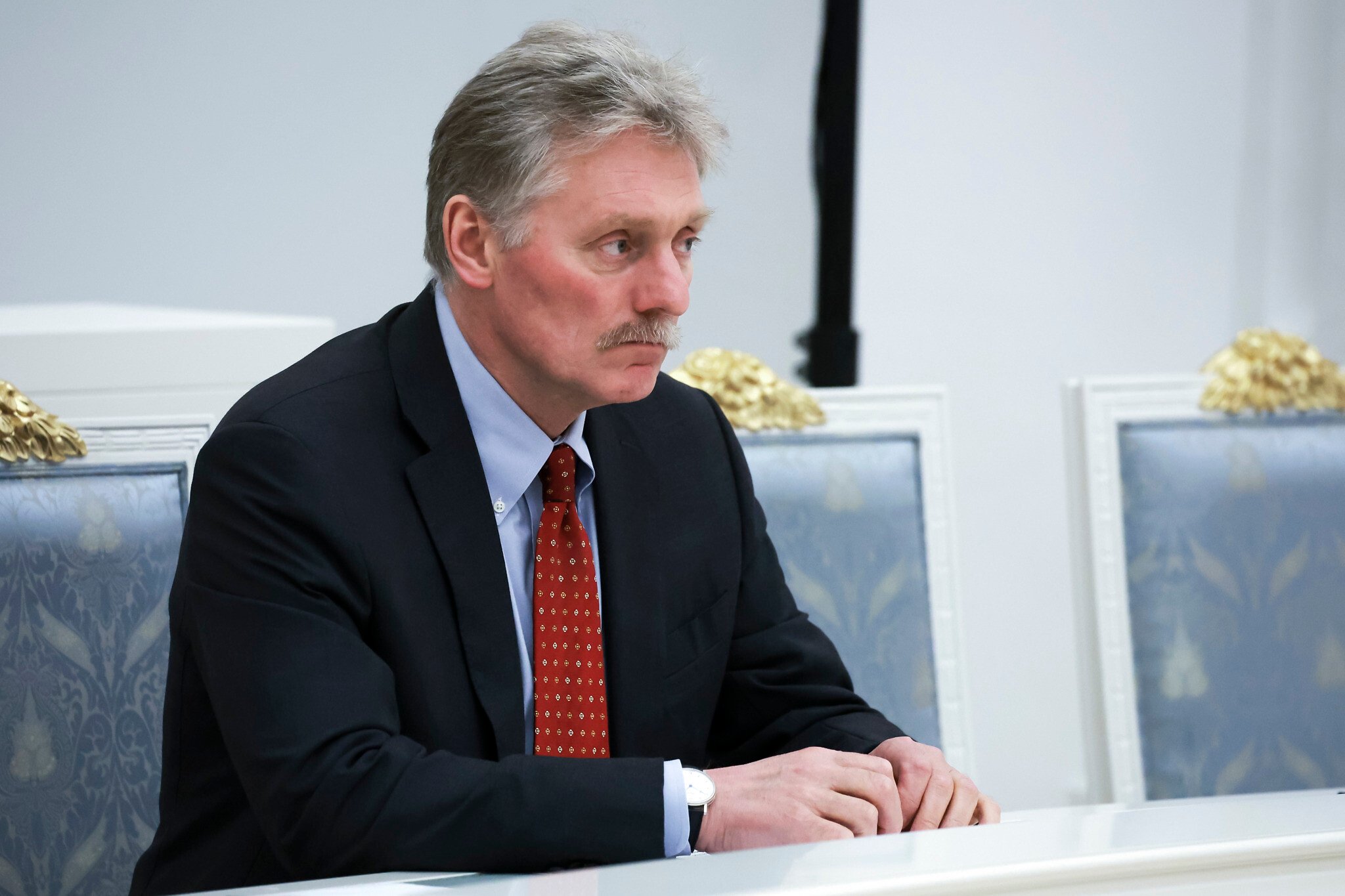 Kremlin spokesman Dmitry Peskov attends Russian President Vladimir Putin’s meeting with new cabinet members at the Kremlin in Moscow, May 14, 2024. Photo: Vyacheslav Prokofyev / Sputnik via AP