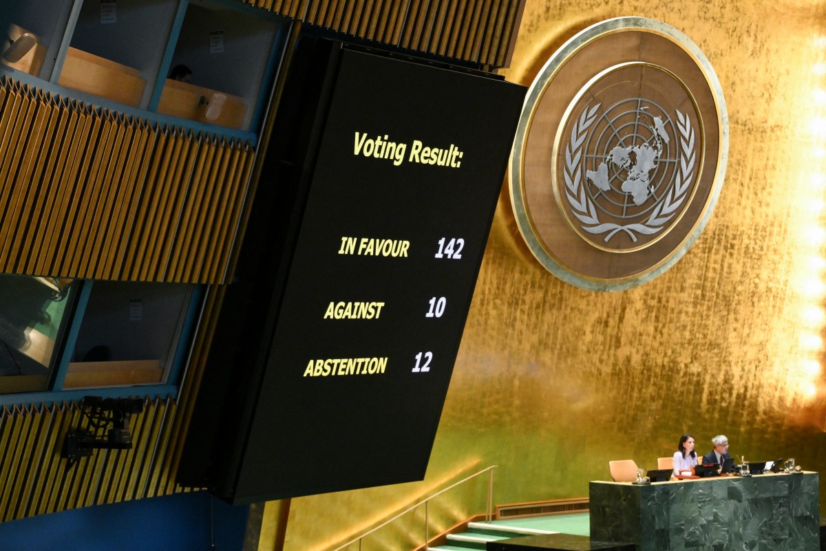 Results Are Displayed During UN General Assembly Vote on Two-State Solution for Palestine, September 12, 2025. Photo: Angela Weiss / AFP


