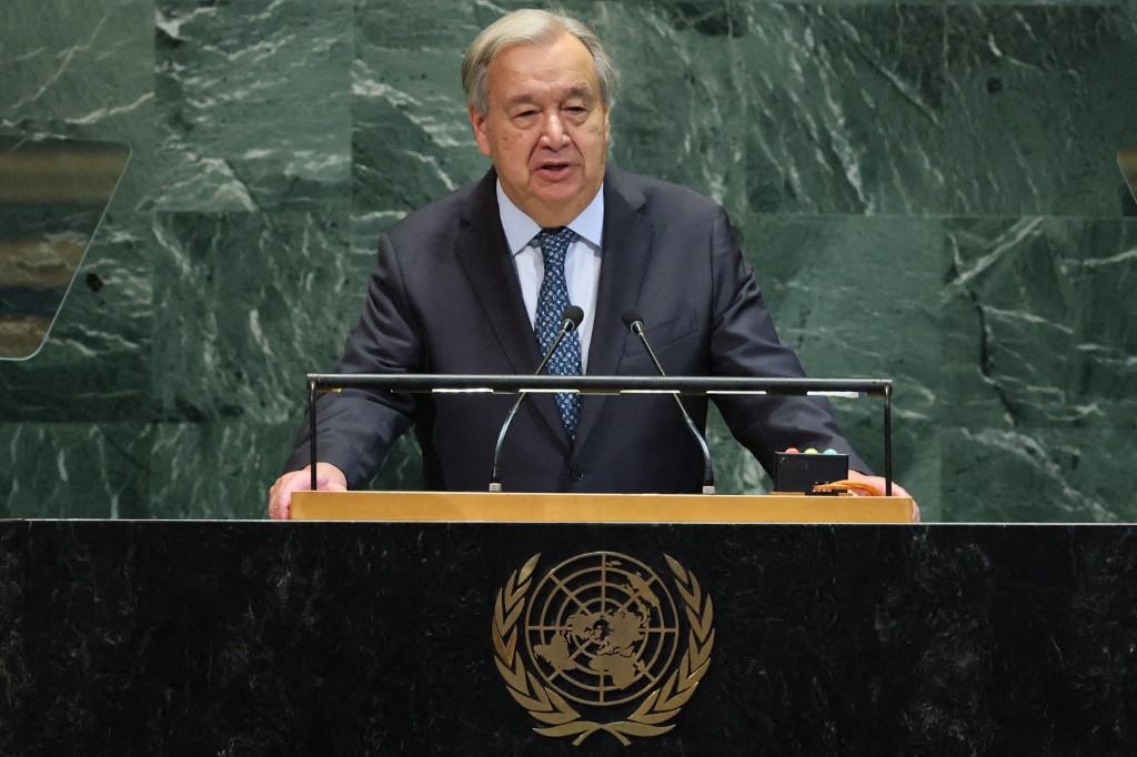 NEW YORK, NEW YORK - SEPTEMBER 23: United Nations (UN) Secretary-General António Guterres speaks during the United Nations General Assembly (UNGA) at the United Nations headquarters on September 23, 2025 in New York City. World leaders convened for the 80th Session of UNGA, with this years theme for the annual global meeting being Better together: 80 years and more for peace, development and human rights. Gaza and Ukraine are just two of the global emergencies that world leaders will look to address.   Michael M. Santiago/Getty Images/AFP  