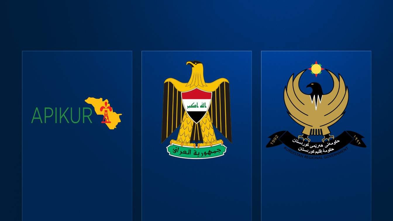 The logo of the Kurdistan Regional Government (right), the official emblem of the Republic of Iraq, and the Association of the Petroleum Industry of Kurdistan (APIKUR)
