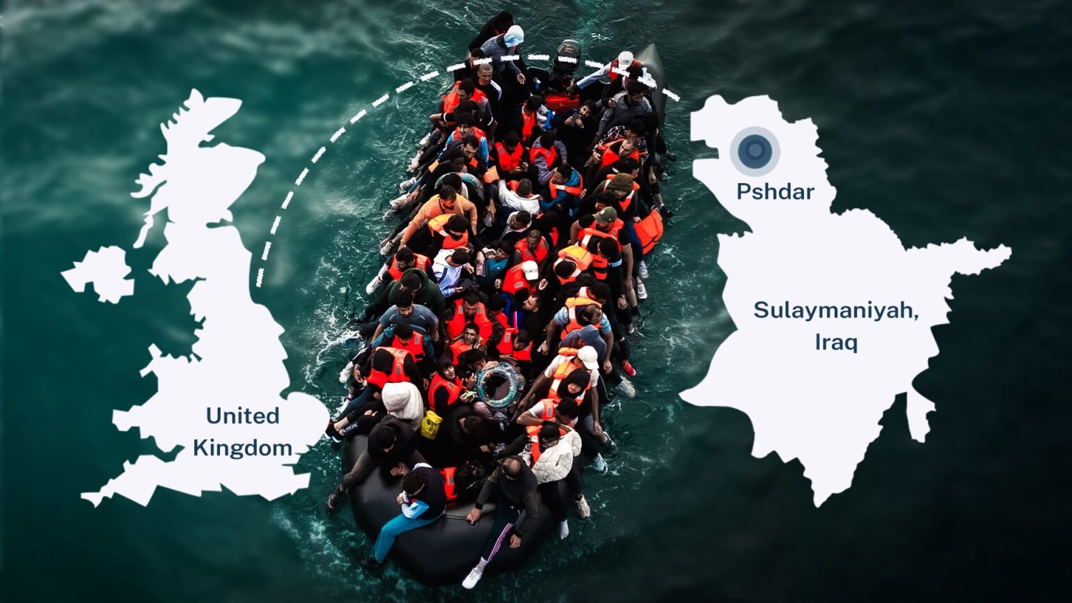 Graphic shows a boat carrying migrants alongside a map highlighting Sulaymaniyah’s Pshdar region and the UK, illustrating migration routes. Graphic by Channel8
