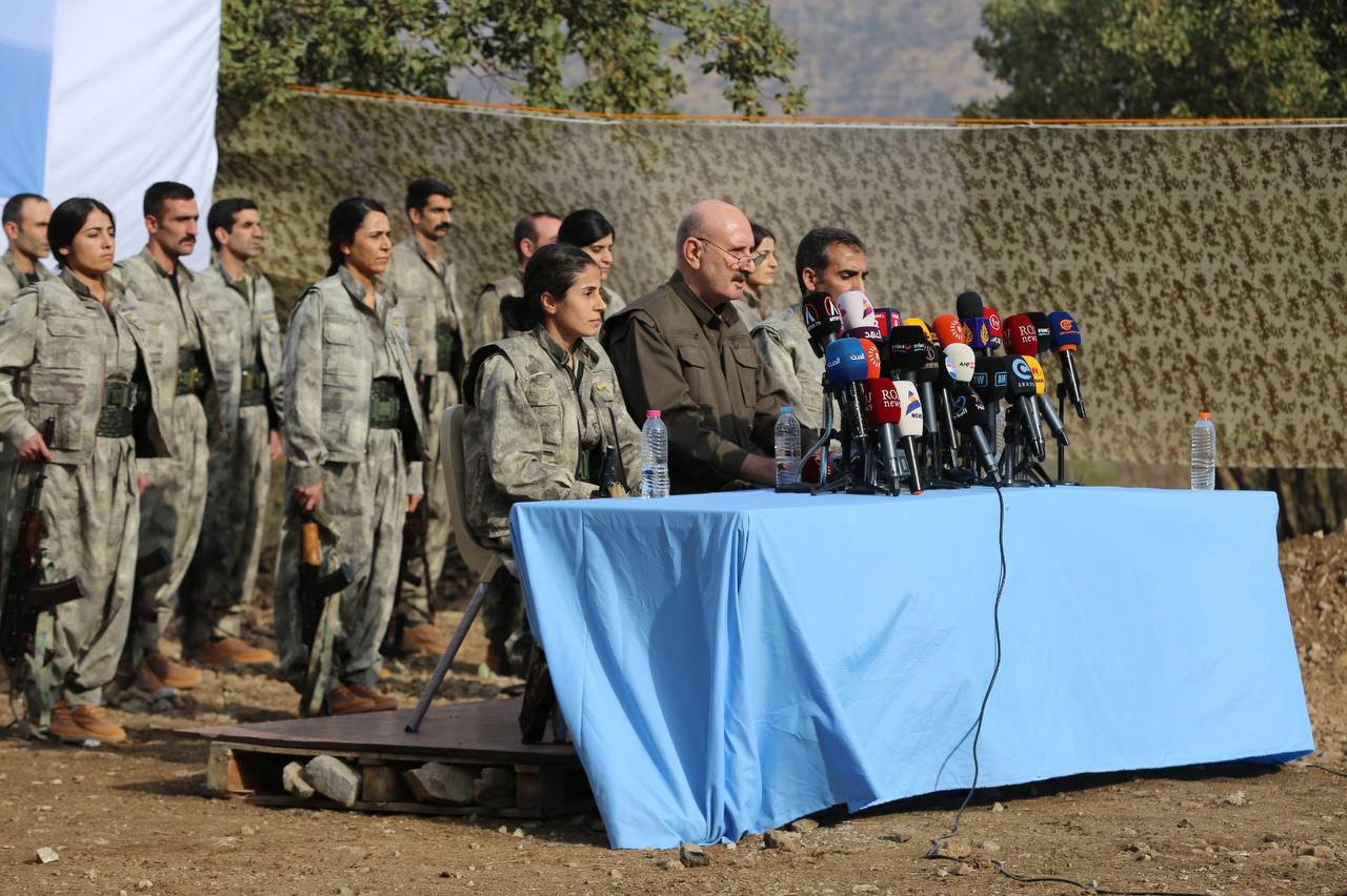 PKK officials announce the group’s withdrawal from Turkish border areas during a press conference, Oct. 26, 2025.