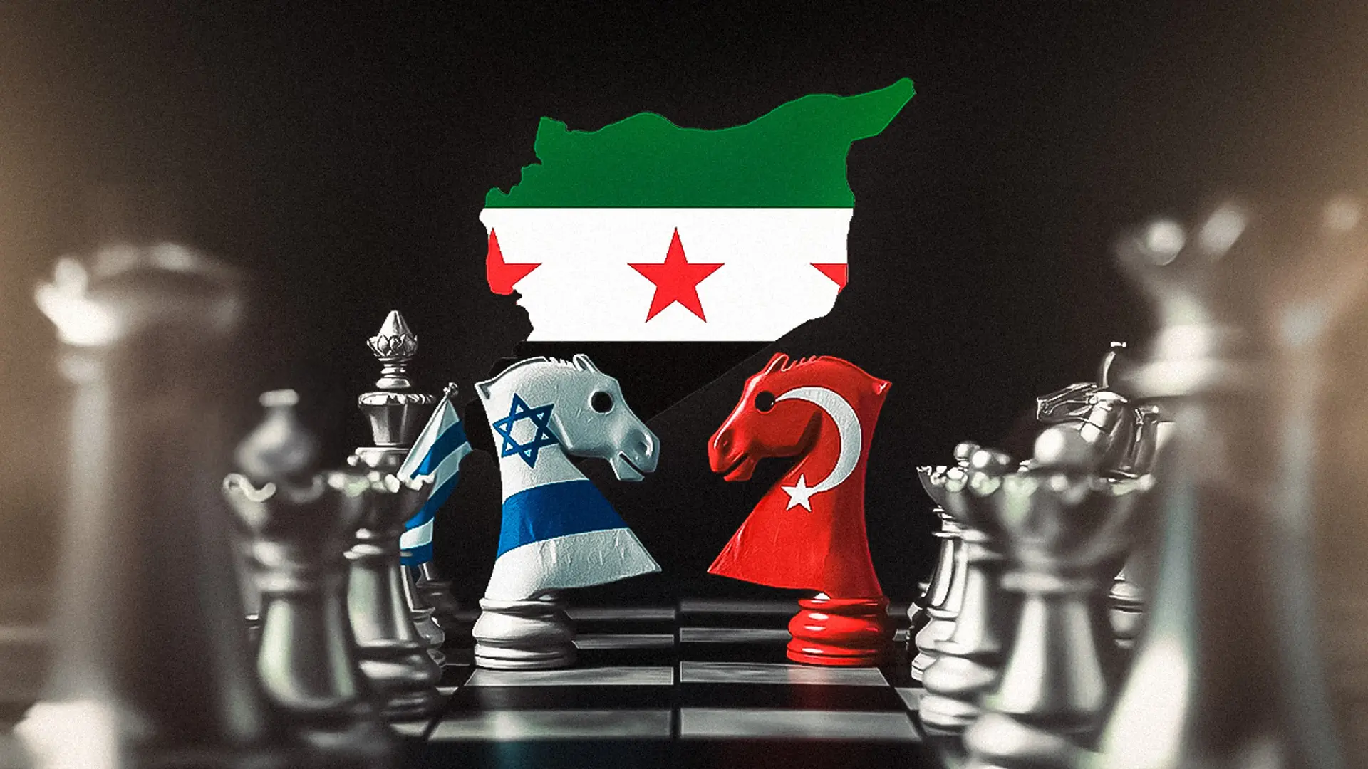 A stylised illustration shows chess pieces facing off as knight figures bearing the Israeli and Turkish flags confront each other beneath a map of Syria in opposition colours, symbolising competing regional influence over the country.
