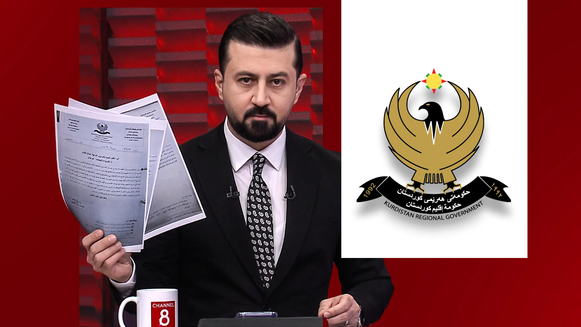 Documents obtained by Channel8 are displayed by anchor Bzhar Dabax during a televised report.