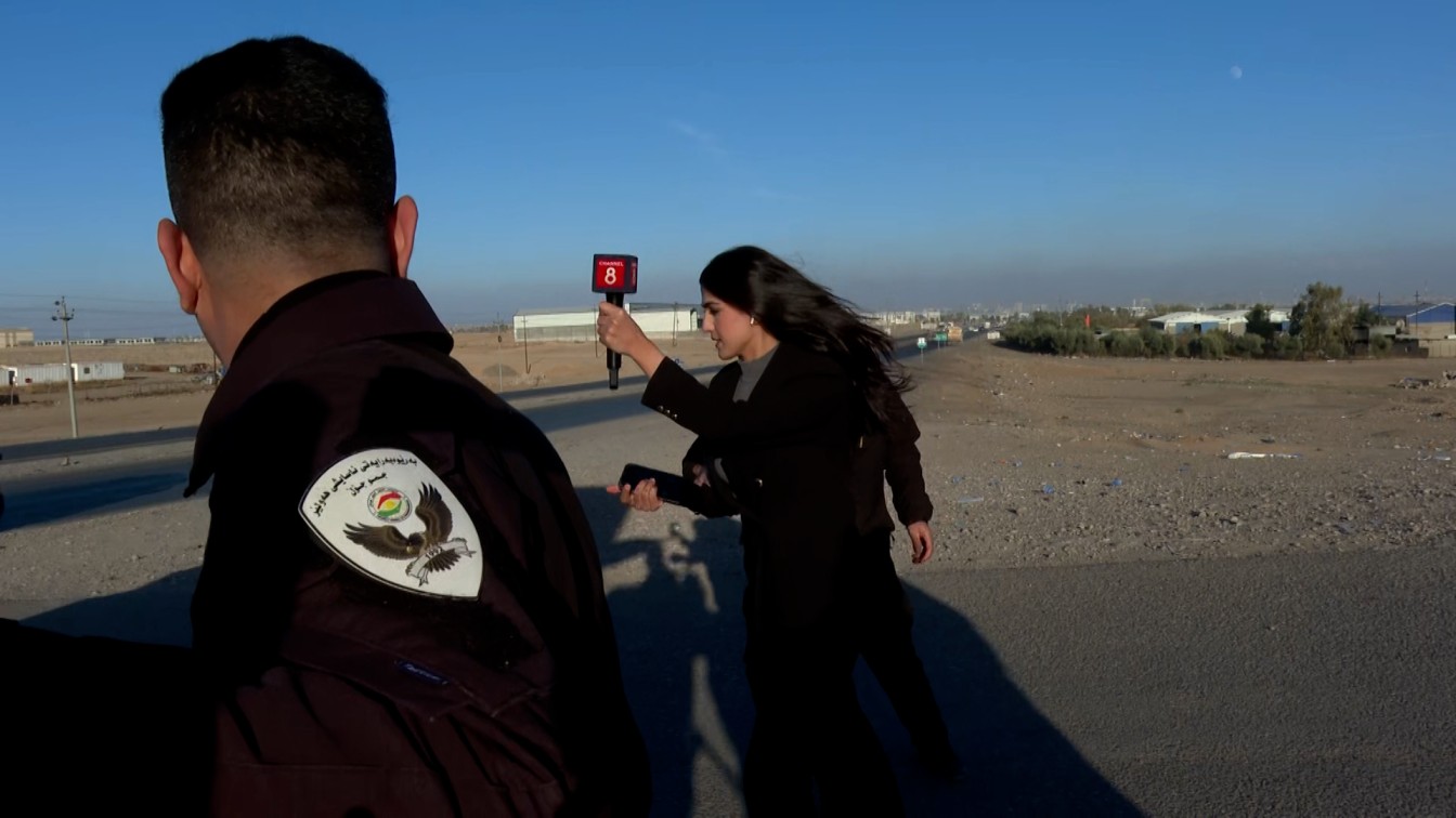 

Shaima Ahmed, a journalist from Channel8, was attacked by a security forces in Lajan village in Erbil on 2 December 2025. Photo: Channel8
