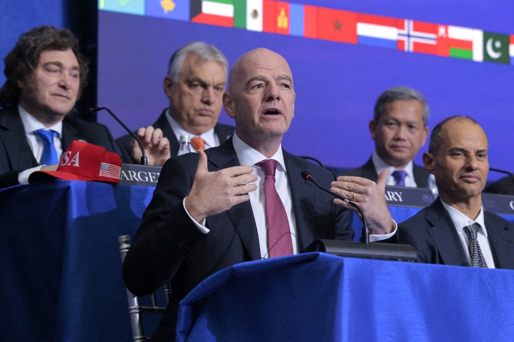 WASHINGTON, DC - FEBRUARY 19: President of FIFA Gianni Infantino speaks during the inaugural meeting of the Board of Peace at the Donald J. Trump Institute of Peace on February 19, 2026 in Washington, DC. Assembled to raise money for the rebuilding and stabilization of Gaza, Trump's Board of Peace was formally established on the sidelines of World Economic Forum in January of 2026.   Chip Somodevilla/Getty Images/AFP (Photo by CHIP SOMODEVILLA / GETTY IMAGES NORTH AMERICA / Getty Images via AFP)