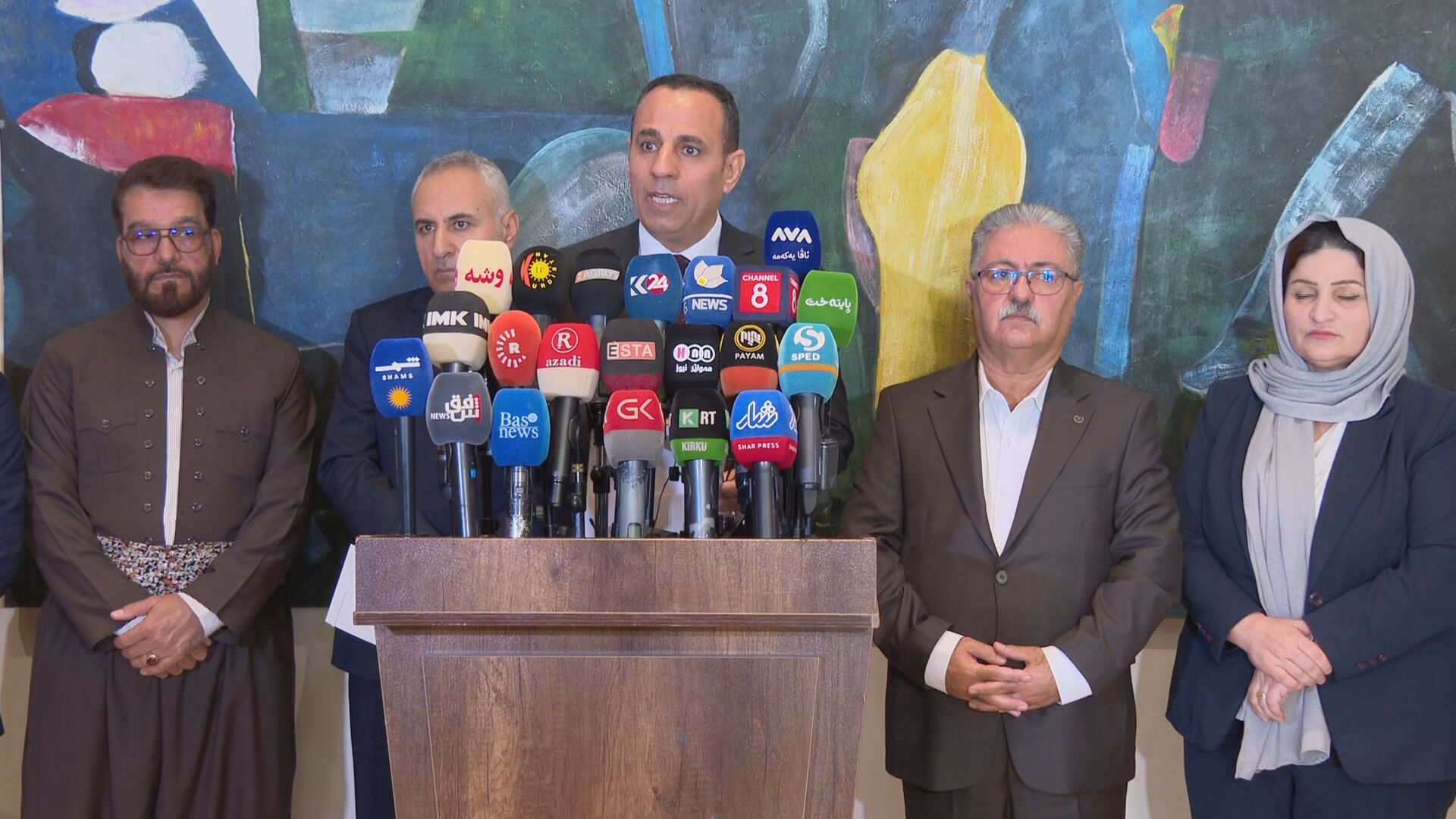 Fahmi Burhan, Head of the General Board for Kurdistani Areas Outside the Region, a body of the Kurdistan Regional Government (KRG), briefs a press conference on 26 February 2026. Photo: Channel8

