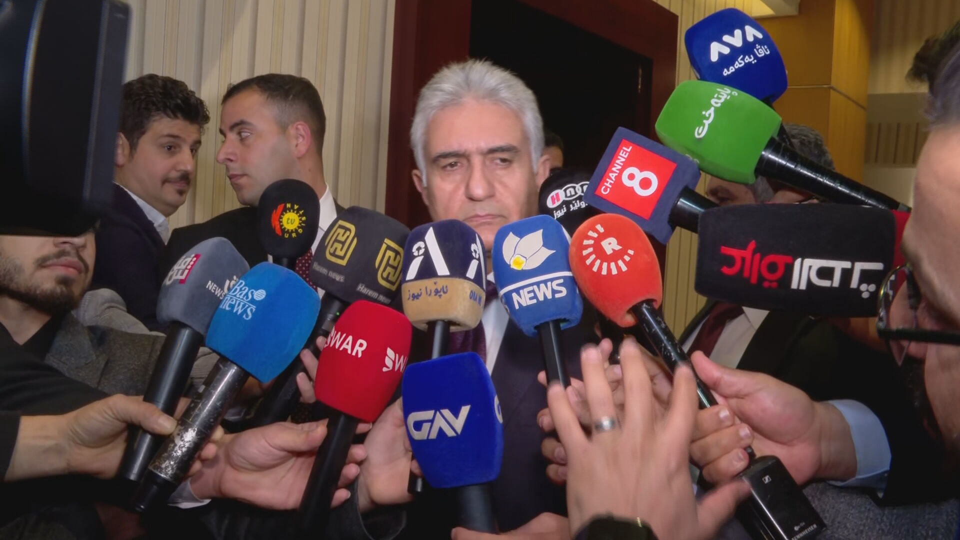 Rebar Ahmed, the Interior Minister of the Kurdistan Region, speaks to reporters on 22 February 2026. Photo: Channel8

