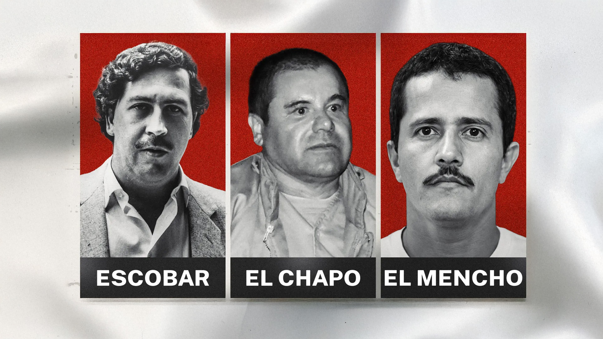 Composite image of Pablo Escobar, Joaquín “El Chapo” Guzmán and Nemesio Oseguera “El Mencho.” Photo illustration / Channel8
