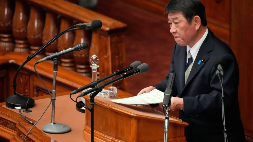 Japan’s Foreign Minister Toshimitsu Motegi delivers a speech during the special Diet session, Feb. 20, 2026, in Tokyo. (AP Photo/Eugene Hoshiko, File)