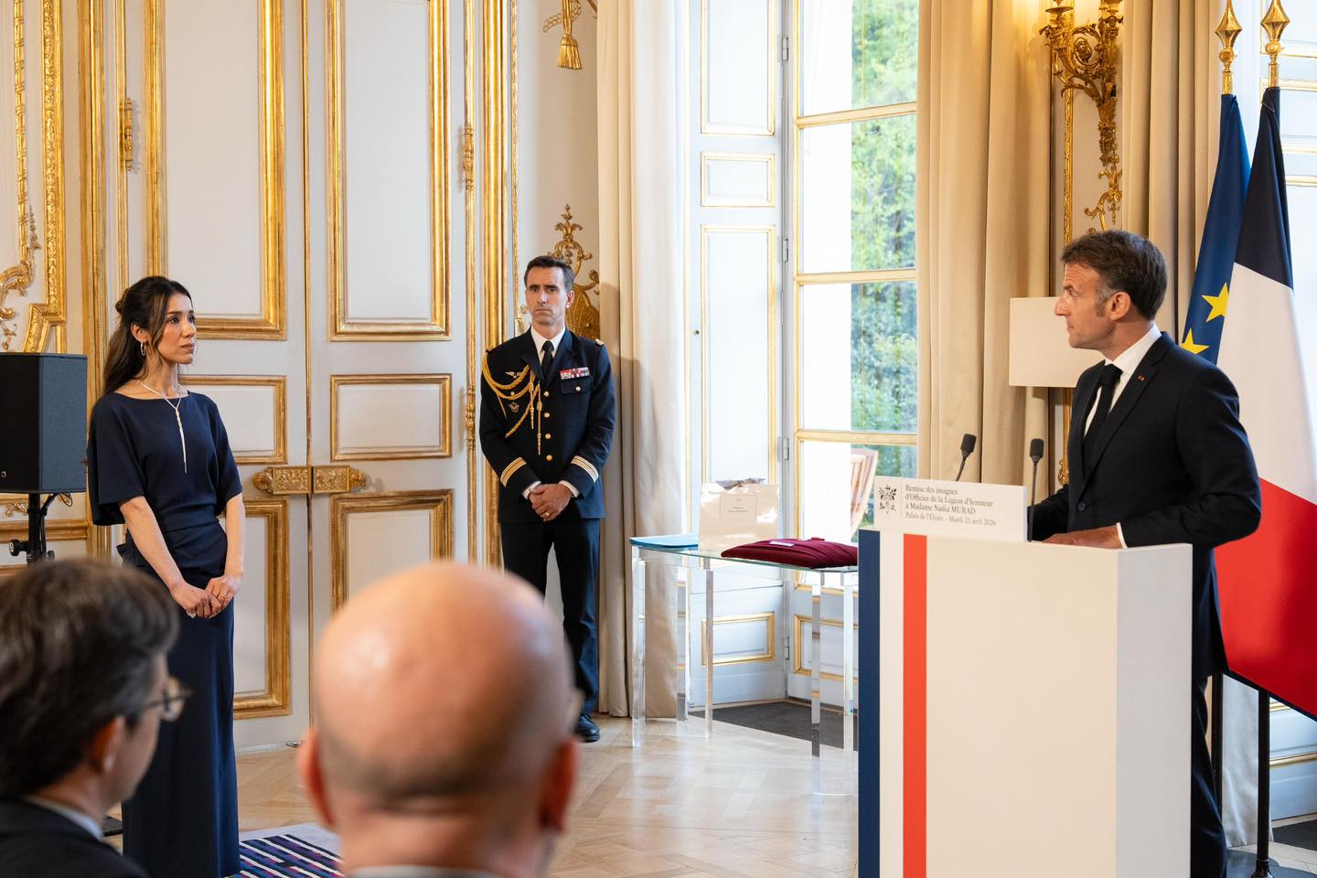 Nobel laureate Nadia Murad receives the National Order of the Legion of Honor from French President Emmanuel Macron during a ceremony at the Élysée Palace in Paris on 22 April 2026. Photo: Nadia Murad via X 
