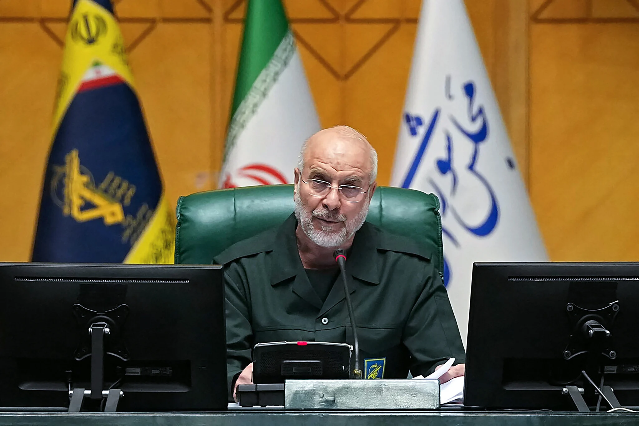 Iran's Parliament Speaker Mohammad Bagher Ghalibaf, dressed in an IRGC uniform, chairs a session in Tehran on February 1, 2026. © Islamic Consultative Assembly (ICANA), AFP
