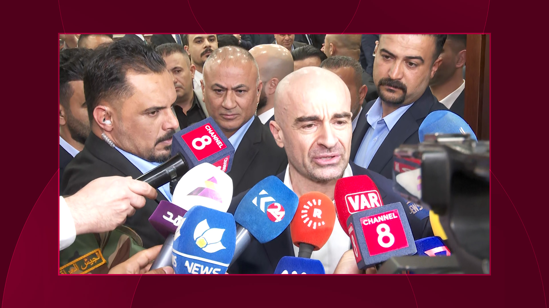 
PUK President Bafel Jalal Talabani speaks to reporters on 11 April 2026. Photo: Channel8
