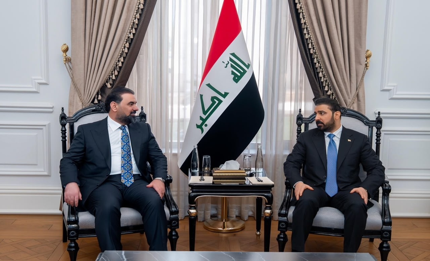 Iraqi Prime Minister (right) and Speaker of the Iraqi Council of Representatives (left) meet in Baghdad to discuss legislative cooperation, national unity, and the implementation of governmental reforms aimed at improving public service delivery across the country.