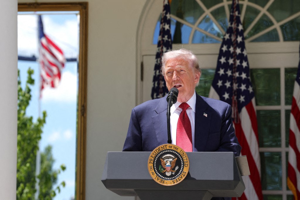 WASHINGTON, DC - MAY 08: U.S. President Donald Trump delivers remarks during a Mother's Day luncheon in the Rose Garden of the White House on May 08, 2026 in Washington, DC. President Trump is hosting Angel Moms and Gold Star Mothers at the White House ahead of the Mother's Day holiday on May 10.   Kevin Dietsch/Getty Images/AFP (Photo by Kevin Dietsch / GETTY IMAGES NORTH AMERICA / Getty Images via AFP)