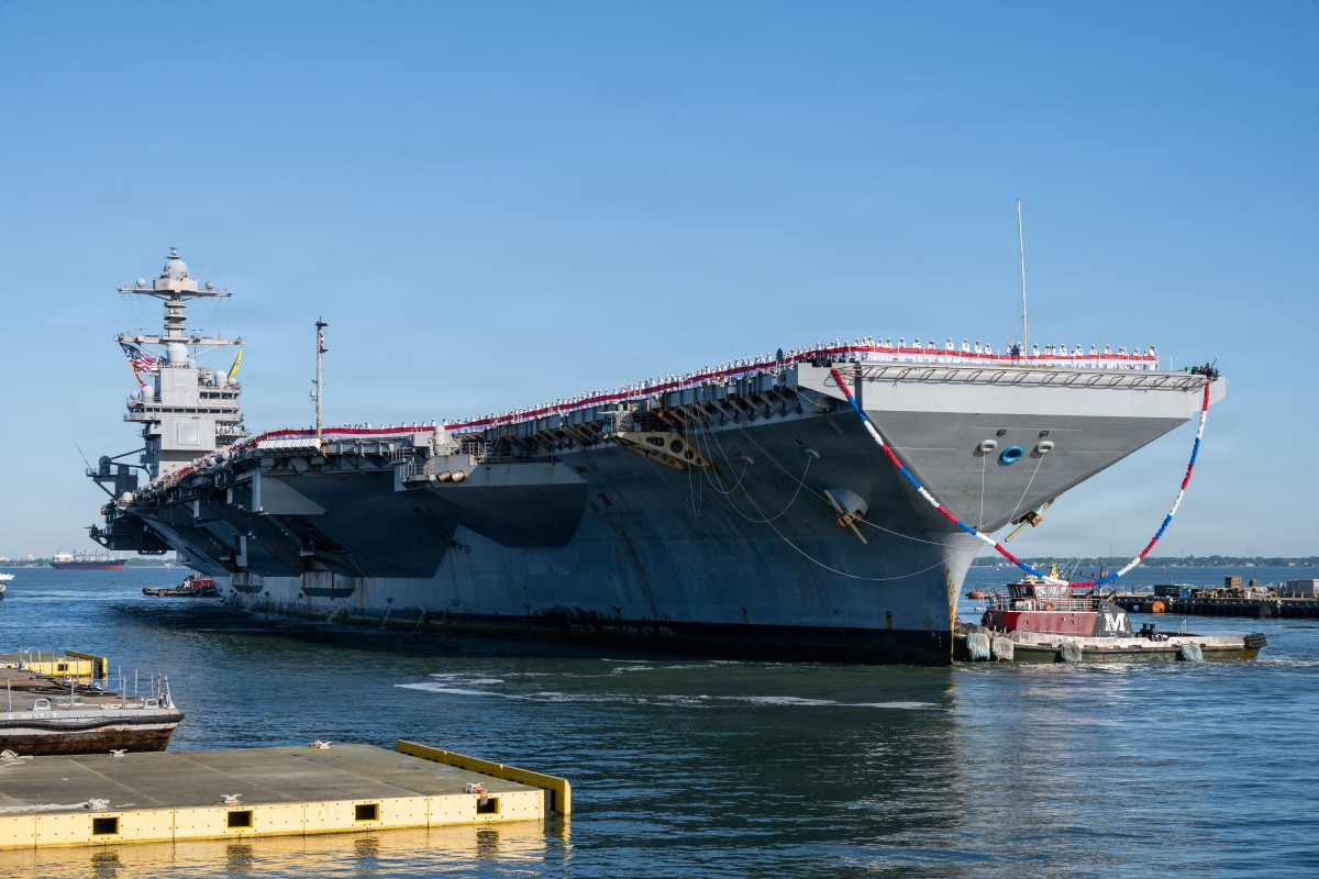 In this handout photo released by the US Navy aircraft carrier USS Gerald R. Ford (CVN 78) arrive at Naval Station Norfolk, Virginia, on May 16, 2026.  (Photo by John BELLINO / US NAVY / AFP) 