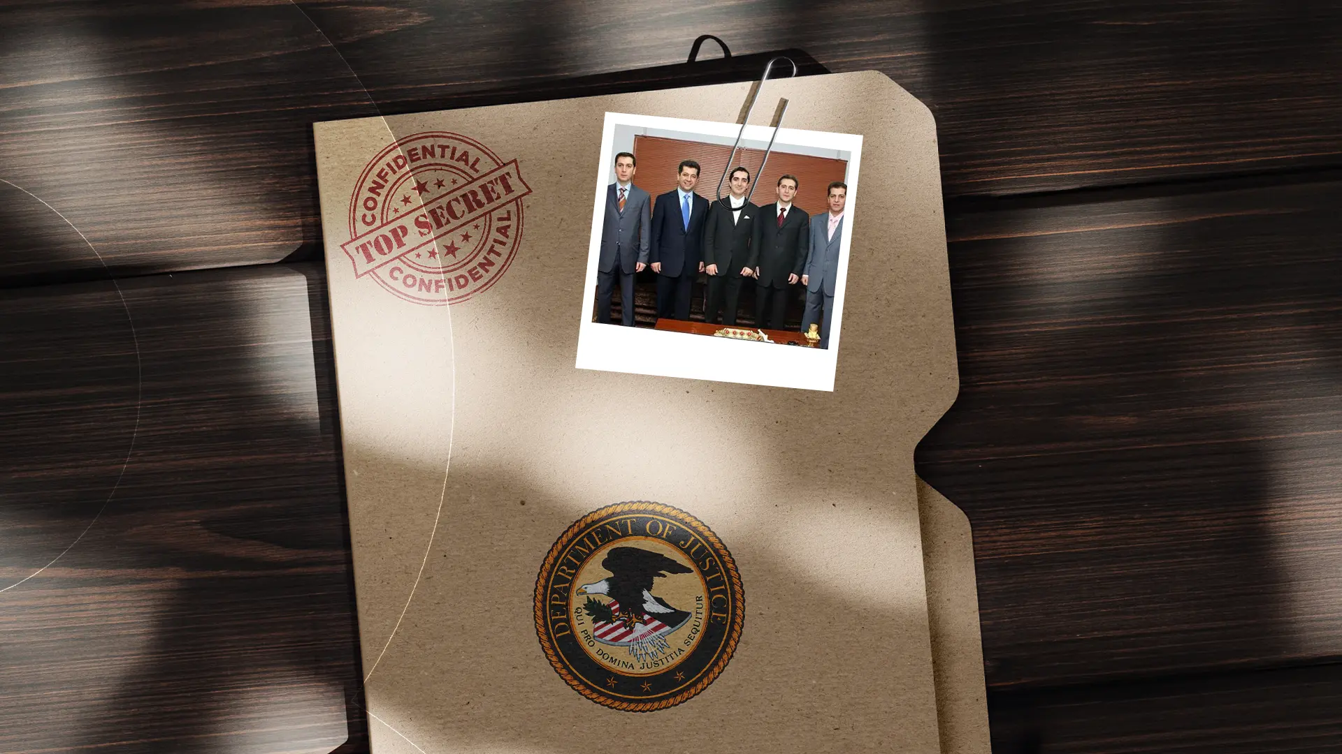 A Channel8 graphic illustrating a simulated U.S. Department of Justice "Top Secret" file, which includes a photograph of KRG Prime Minister Masrour Barzani alongside other regional figures.