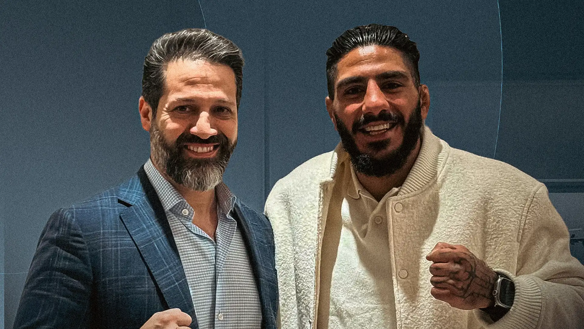 Kurdistan Regional Government (KRG) Deputy Prime Minister Qubad Talabani (L) and Kurdish mixed martial artist Namo Fazil (R).
