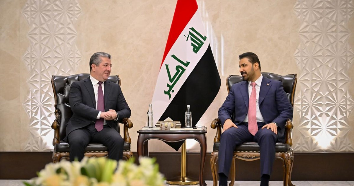 Iraqi Prime Minister Ali Faleh Al-Zaidi (right) hosts KRG Prime Minister Masrour Barzani (left) in Baghdad to discuss border customs automation and northern oil operations. May 23, 2026. (Photo: Iraqi PMO)