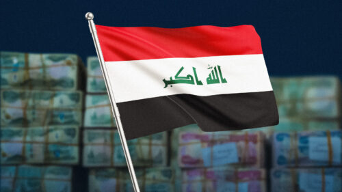 A Channel8 graphic displays Iraqi dinar banknotes set against the Iraqi flag.