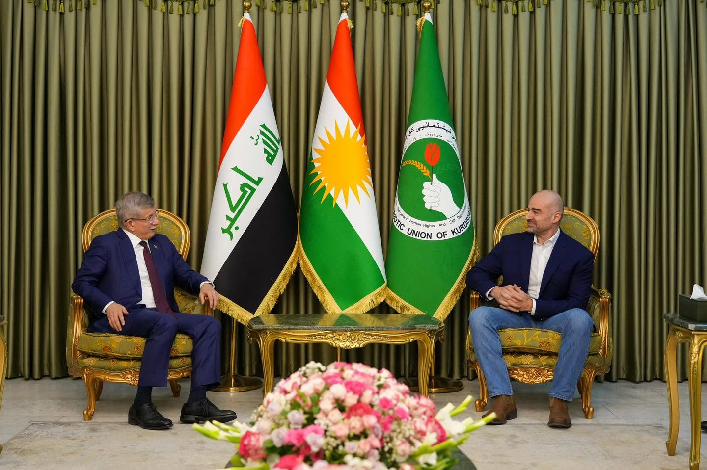 PUK President Bafel Jalal Talabani (right) meets with former Turkish Prime Minister Ahmed Davutoğlu (left) in Dabashan, Sulaymaniyah, to address regional tensions and domestic governance challenges. Photo: PUK President's Press Office
