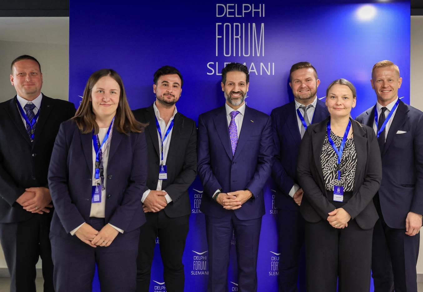 Kurdistan Regional Government Deputy Prime Minister Qubad Talabani (center) poses with representatives of the Finnish business sector and Finnish Deputy Head of Mission Aki Kauppinen (second from right) at the Delphi Economic Forum Slemani.
 