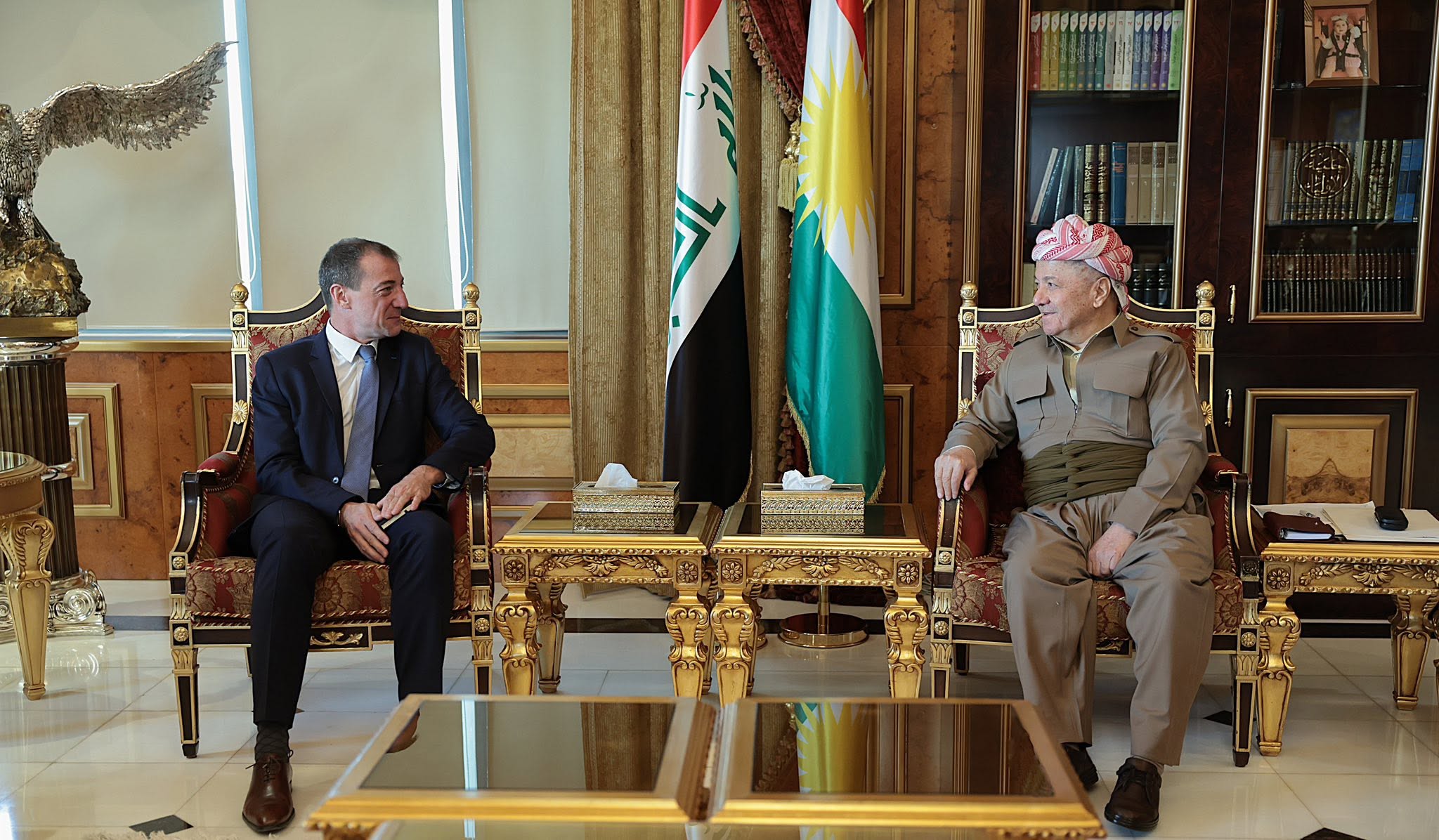 The President of the Kurdistan Democratic Party (KDP), Masoud Barzani (right), receives the French Consul General to the Kurdistan Region, Yann Braem (left), at the Barzani Headquarters in Pirmam, Erbil. (Photo: Barzani Headquarters)