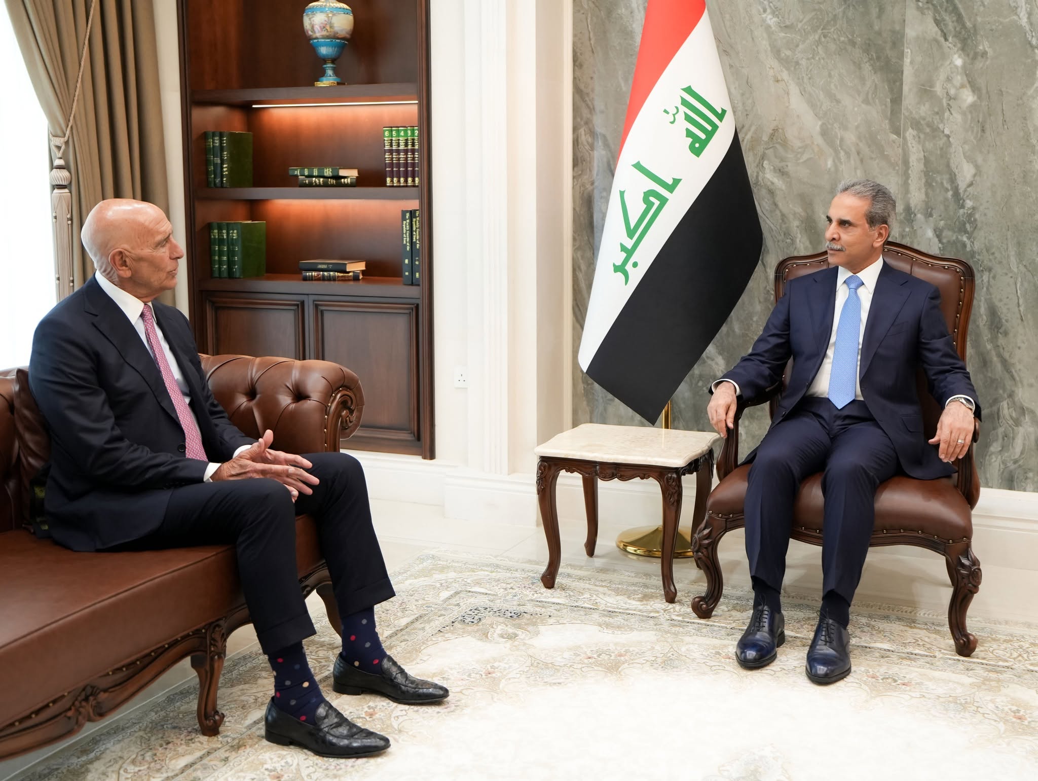 The President of the Supreme Judicial Council, Judge Dr. Faiq Zaidan (right), receives the Presidential Envoy to Iraq, Ambassador Tom Barrack (left), at the judicial headquarters. Baghdad, June 15, 2026: (Photo: Judiciary Media)