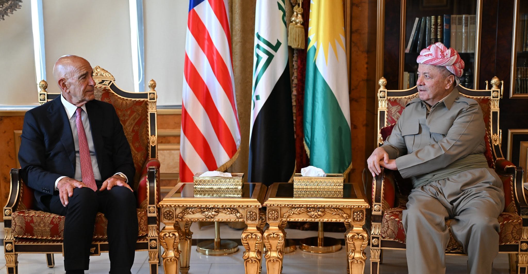 Kurdistan Democratic Party (KDP) President Masoud Barzani (right) receives Tom Barrack (left), U.S. Ambassador to Turkey and Special Presidential Envoy for Syria and Iraq, during a diplomatic meeting in Pirmam on Tuesday, June 16, 2026