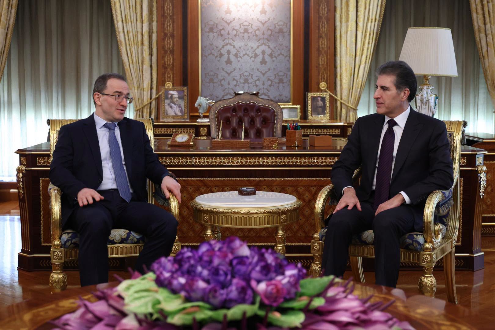 Kurdistan Region President Nechirvan Barzani meets with Russian Ambassador to Iraq Elbrus Kutrashev on June 23, 2026. Photo: Kurdistan Region Presidency

