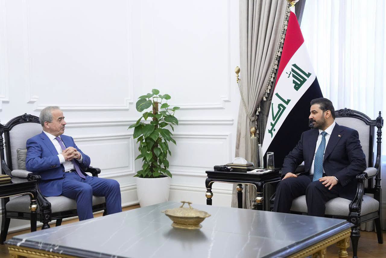 Iraqi Prime Minister Ali Falih Al-Zaidi (right) speaks during an exclusive interview with the pan-Arab daily newspaper Asharq Al-Awsat.