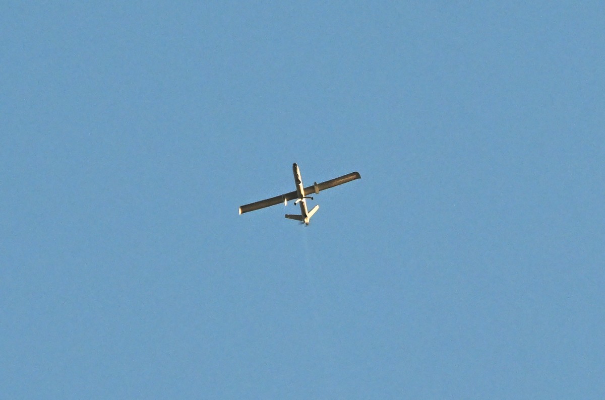 A drone is seen flying above the skyline of Beirut’s southern suburbs, on June 5, 2026.

