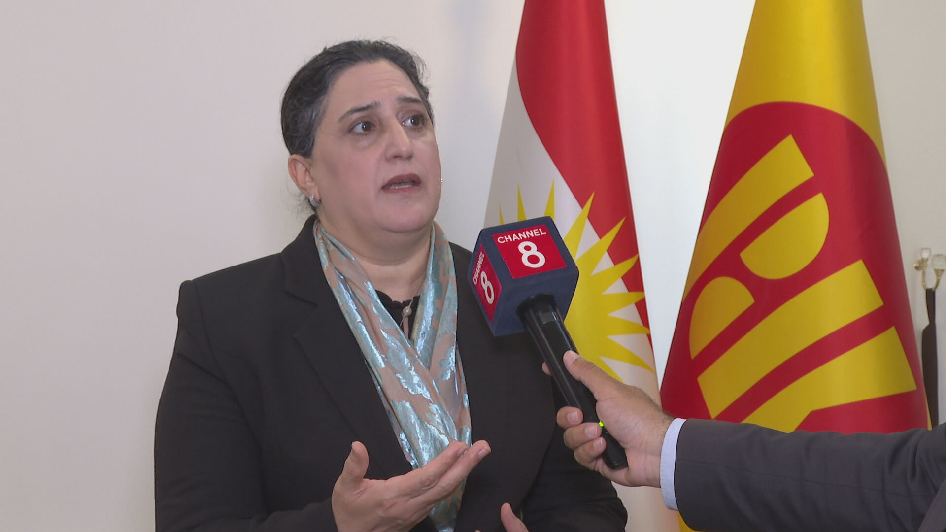 Ashwaq Jaf, a member of the Kurdistan Democratic Party (KDP) Central Committee, speaks to Channel8 on June 8, 2026. Photo: Channel8

