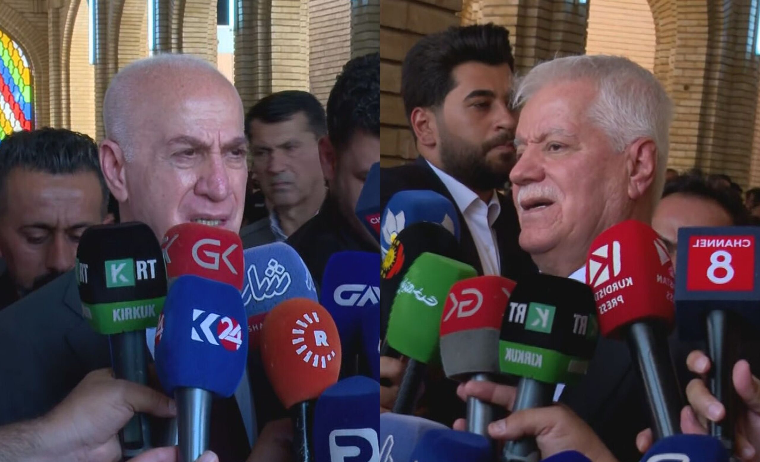 Kurdistan Democratic Party (KDP) spokesman Mahmoud Mohammed (left) and KDP Political Bureau member and former parliament Speaker Kamal Karkuki speak to reporters on June 11, 2026. Photo: Channel8 


