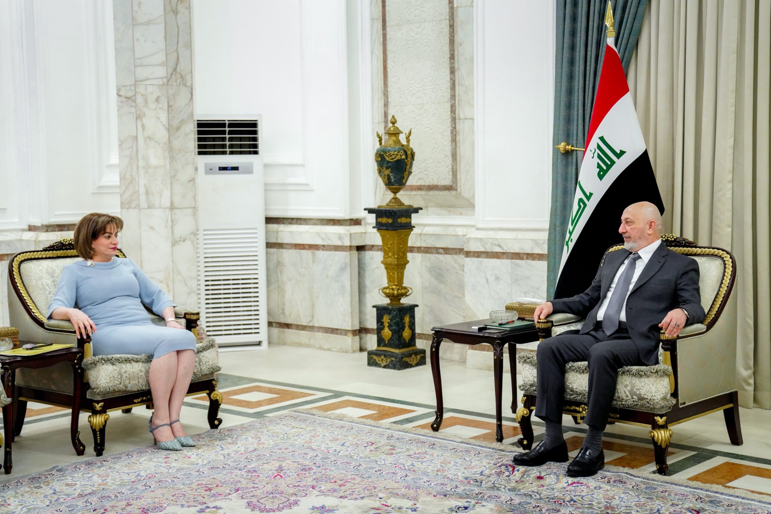 Iraqi President Nizar Amedi meets with Environment Minister Srwa Abdulwahid at Baghdad Palace on July 12, 2026. Photo: Iraqi Presidency 

