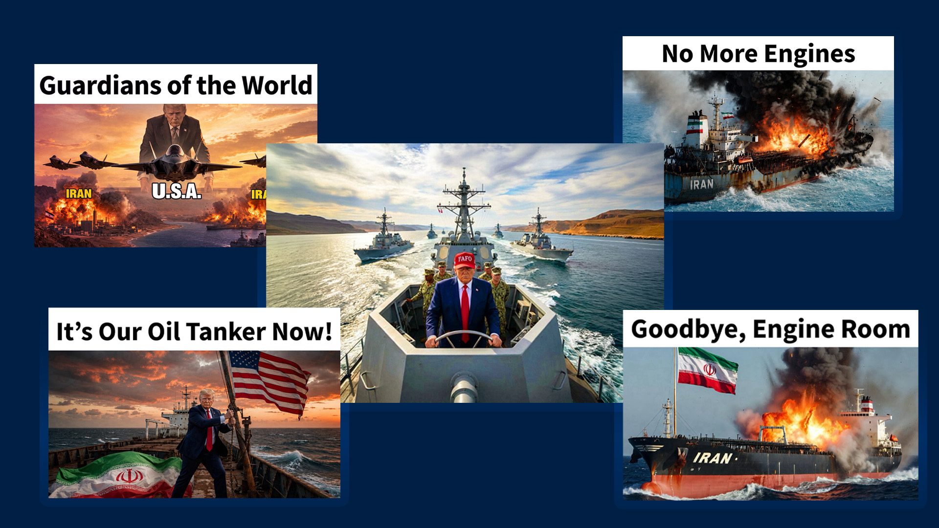 The synthesized imagery released by U.S. President Donald Trump features cinematic text overlays simulating a tactical strike on Kharg Island, the seizure of an oil tanker, and the destruction of a cargo vessel's engine room. 
