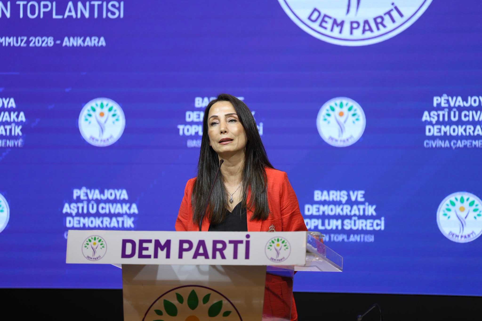 Tulay Hatimogullari, co-chair of the Peoples' Equality and Democracy Party (DEM Party), speaks during a press conference on July 11, 2026. Photo: DEM Party

