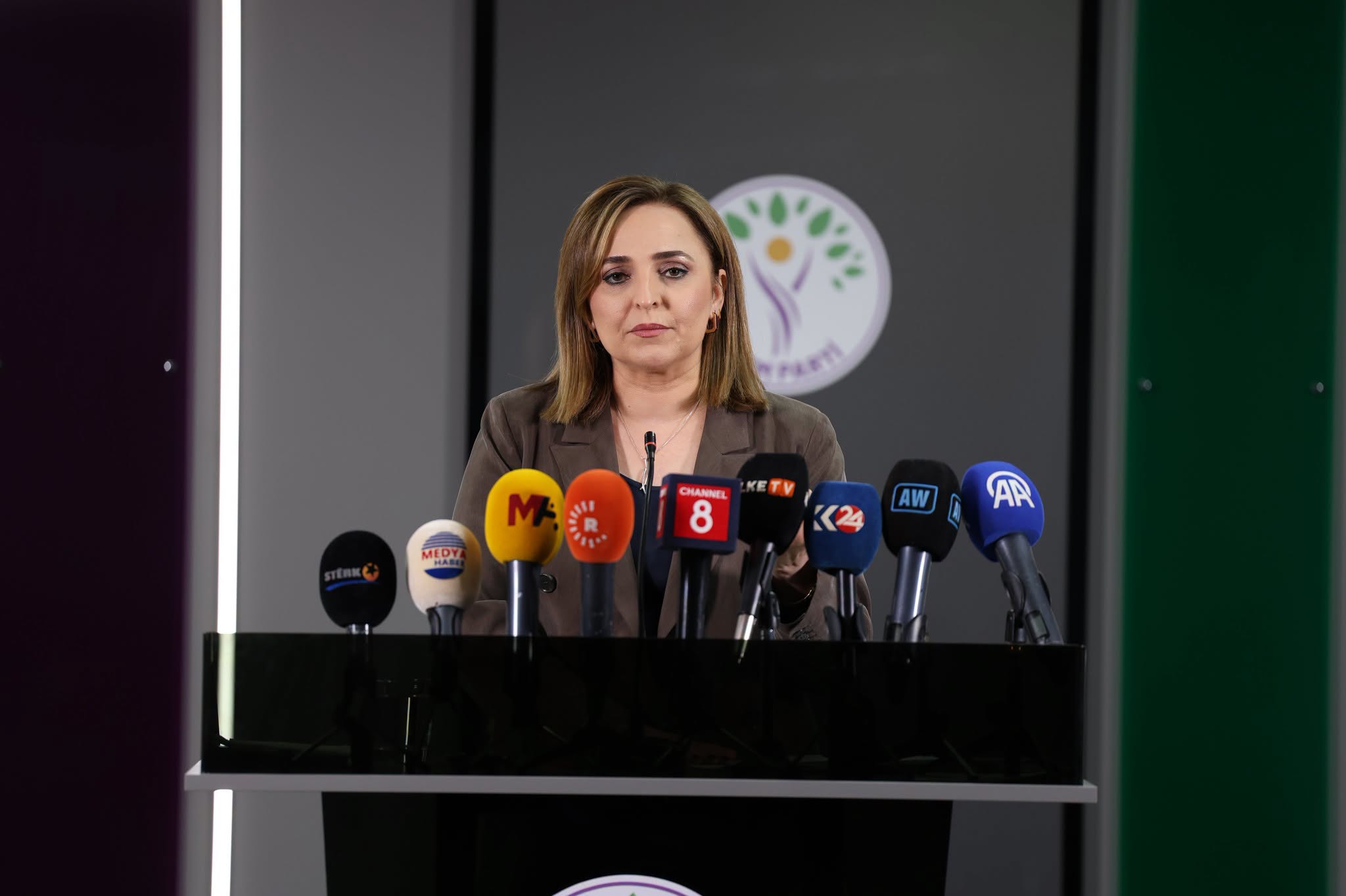 Aysegul Dogan, spokesperson for the People’s Equality and Democracy Party (DEM Party), speaks during a press conference on July 24, 2026. Photo: DEM Party

